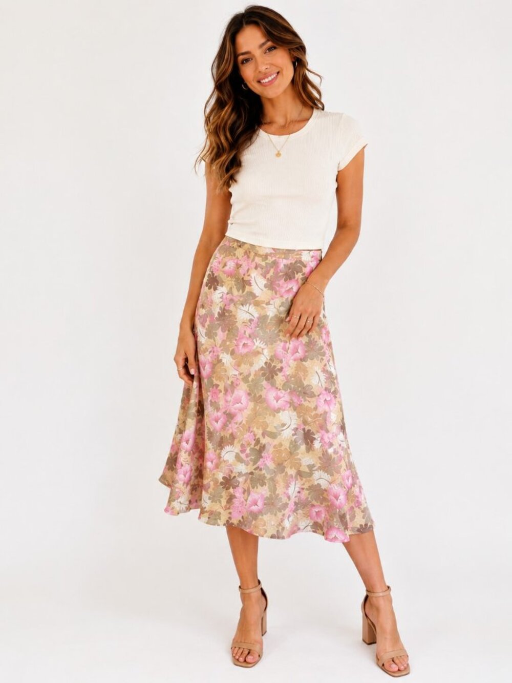 Vintage Sag Harbor Pink Yellow Floral Print Midi Skirt Womens 14 Fairy Y2K